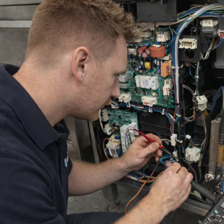 Close-up of a complex electronic circuit board with various components and wiring.